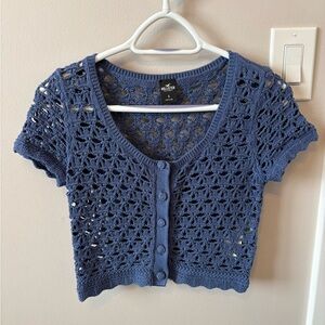 Hollister Crochet Cropped Short Sleeve Cardigan - Blue - Size Small